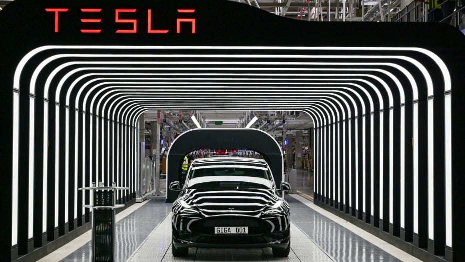 Model Y cars are pictured during the opening ceremony of the new Tesla Gigafactory for electric cars in Gruenheide, Germany, March 22, 2022.